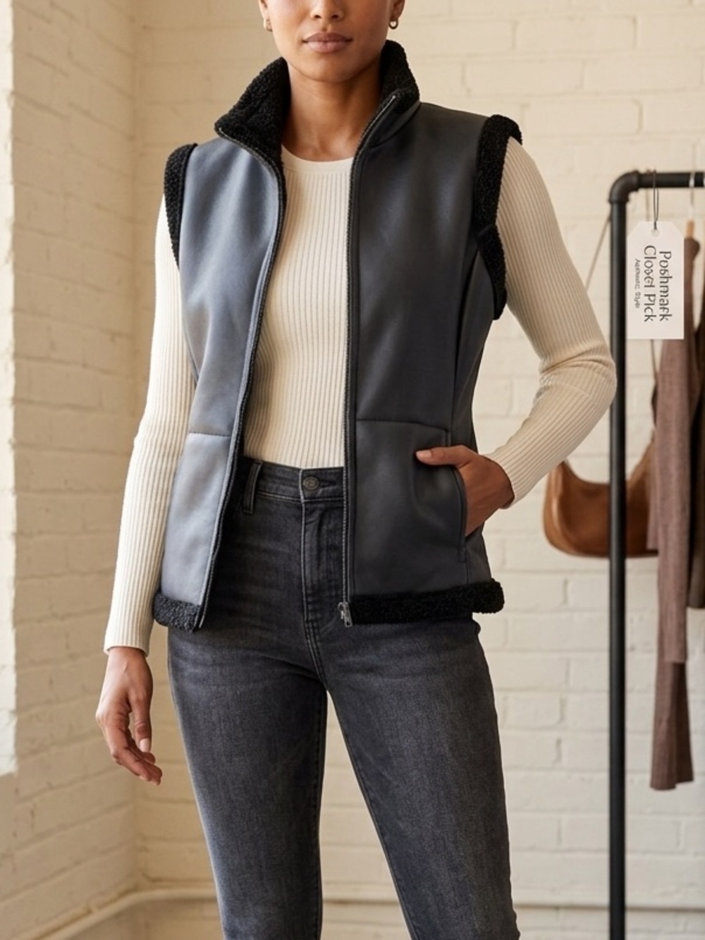 Capucino Faux Leather Sherpa Lined Vest Black Moto Chic Winter Layer size M